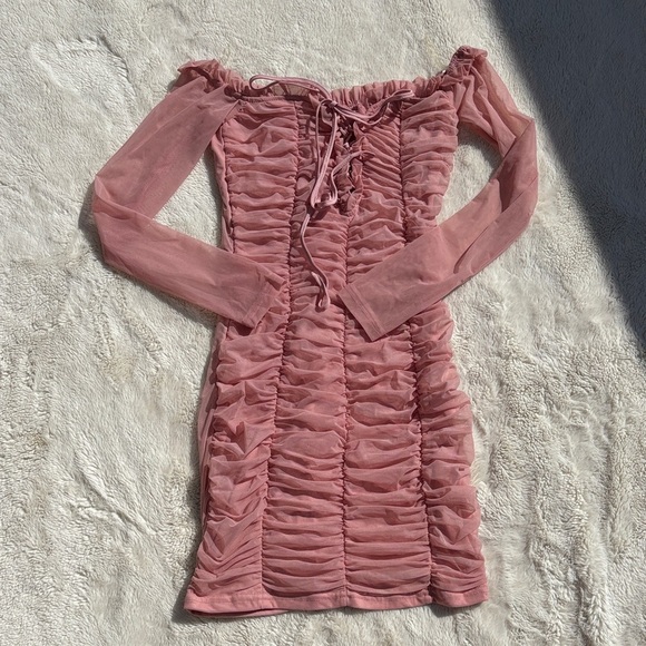 Fashion Nova Maura Mesh Dress Mauve | Ruched Bodycon | Off-Shoulder | Size XS | - Picture 2 of 8